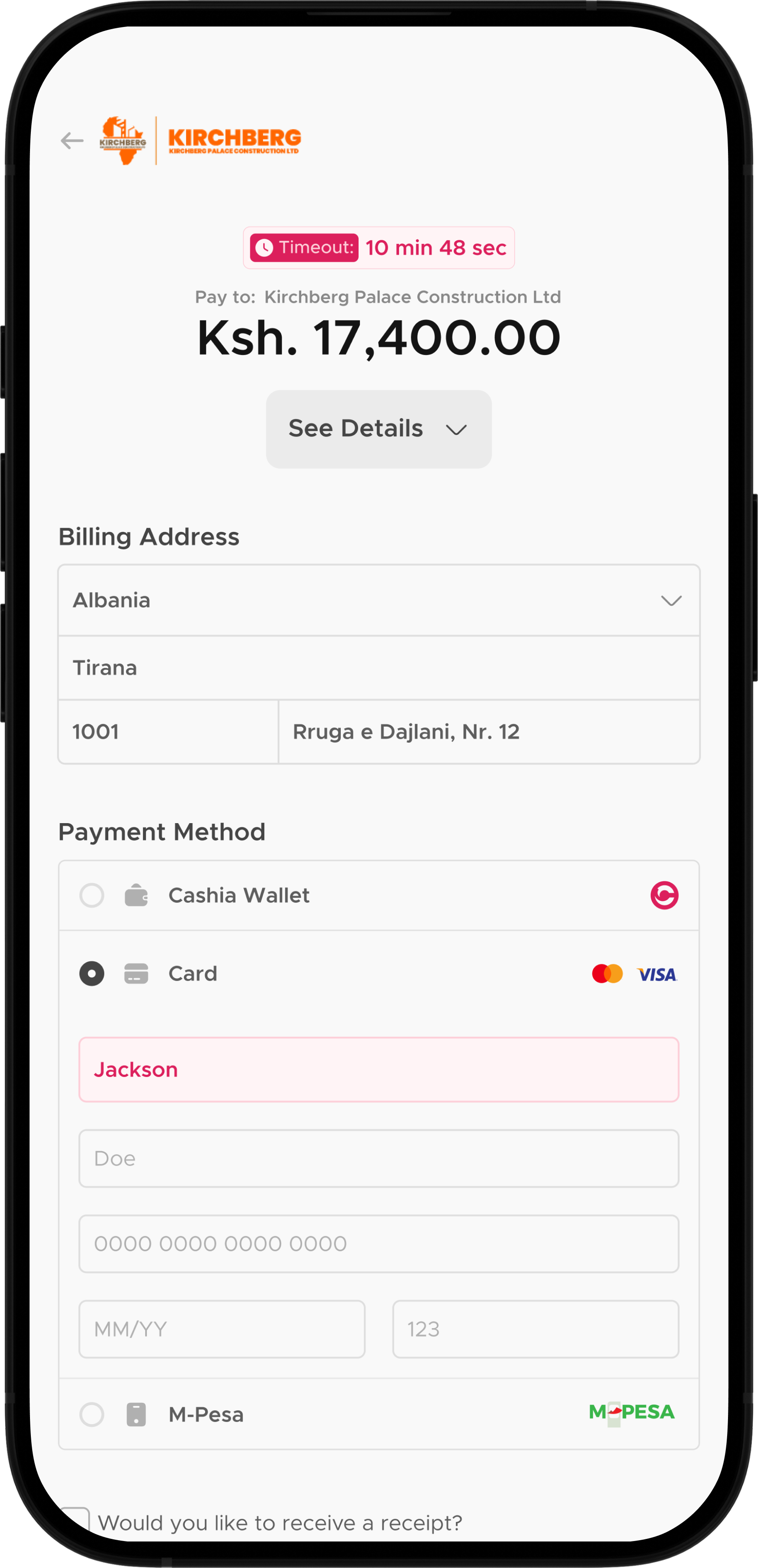 Tova Edge Fintech payment checkout on mobile